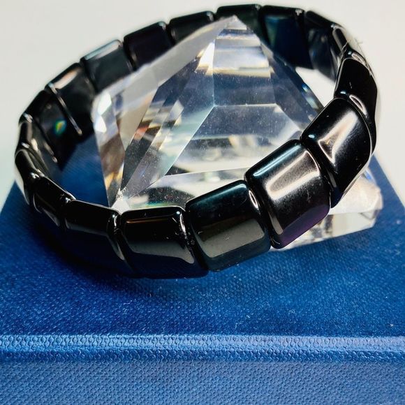Black Rainbow Obsidian Square Tile Stretch Bracelet - Picture 1 of 9